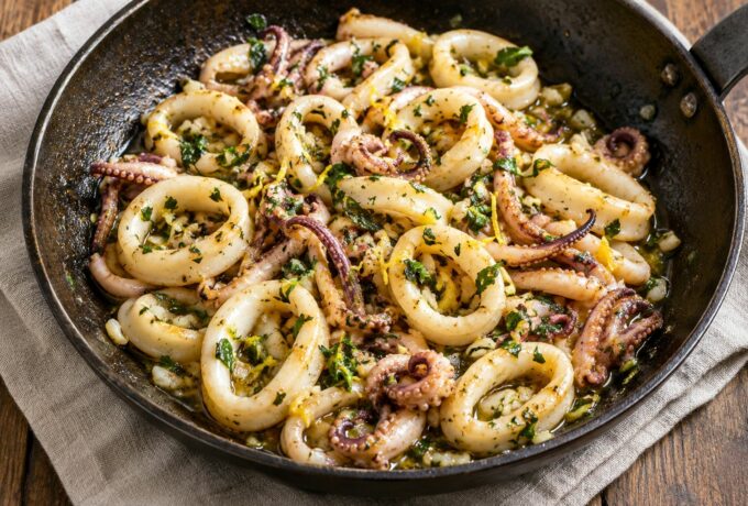 Calamars sautés à l’ail, citron et herbes