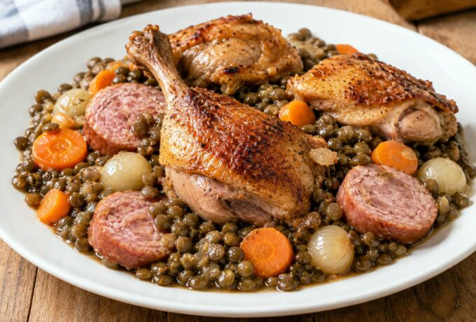 Canard rôti aux lentilles et saucisson à cuire