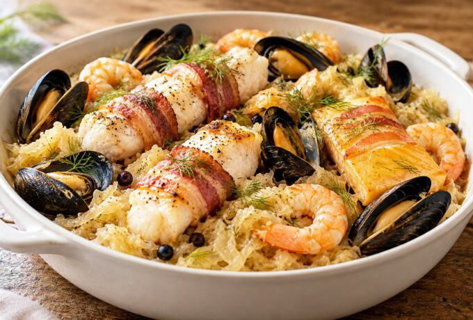 Choucroute de la mer, lotte au bacon et haddock