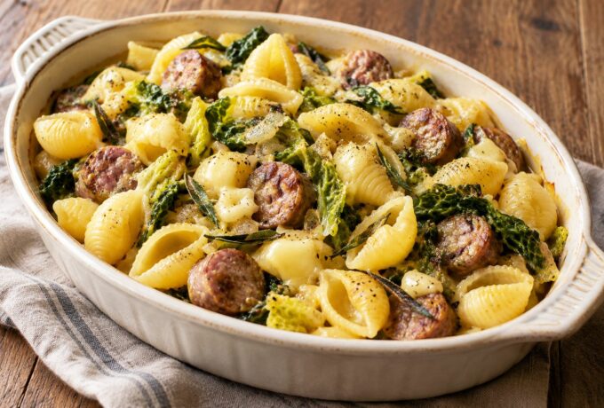 Pâtes coquilles à la sauge, saucisse et chou vert