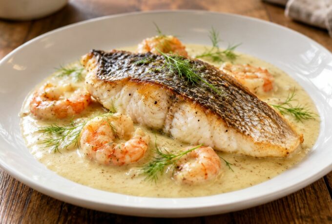 Daurade au fenouil, coulis et crevettes