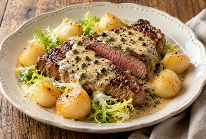 Faux-filet grillé, sauce aux deux poivres