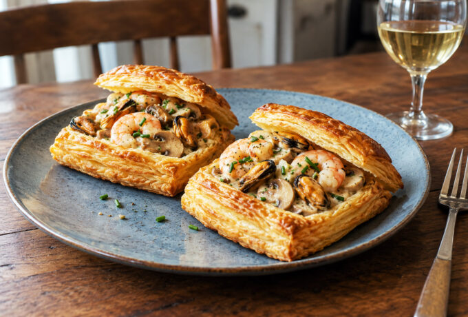 Feuilletés de crevettes et moules aux petits champignons