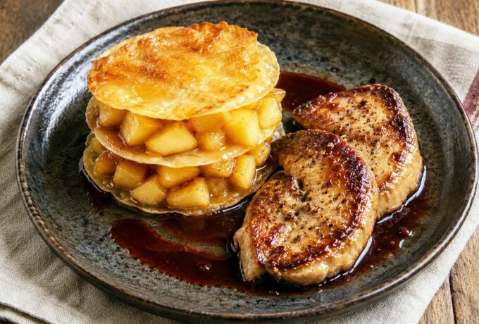 Foie gras poêlé, croustillants aux pommes et porto