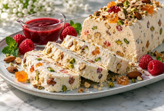 Nougat glacé et coulis de framboises