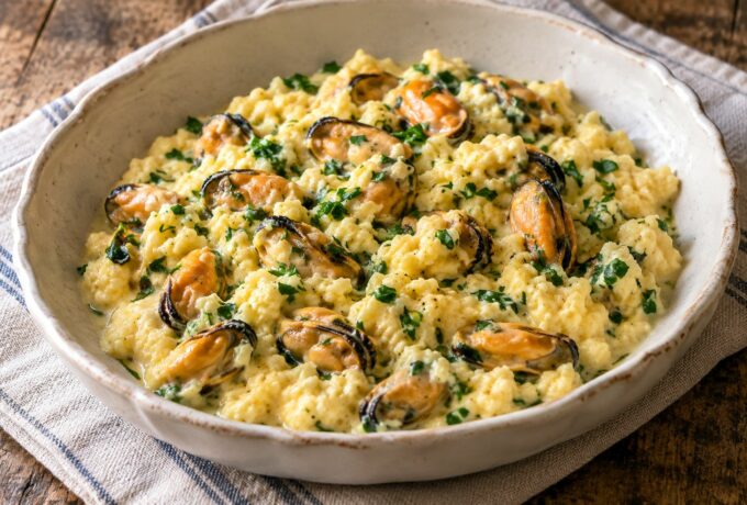 Œufs brouillés aux moules et aux fines herbes