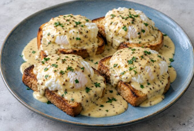 Œufs pochés, sauce moutarde à la crème
