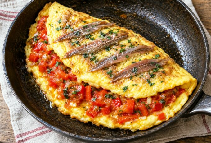 Omelette aux anchois, tomates et poivron