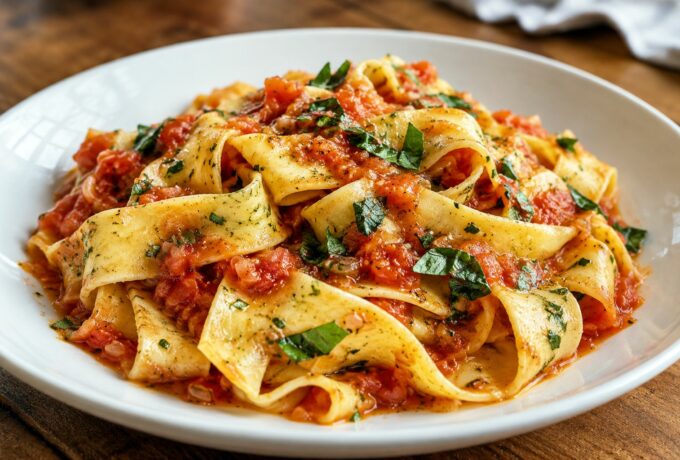 Pappardelles maison au basilic et à la tomate