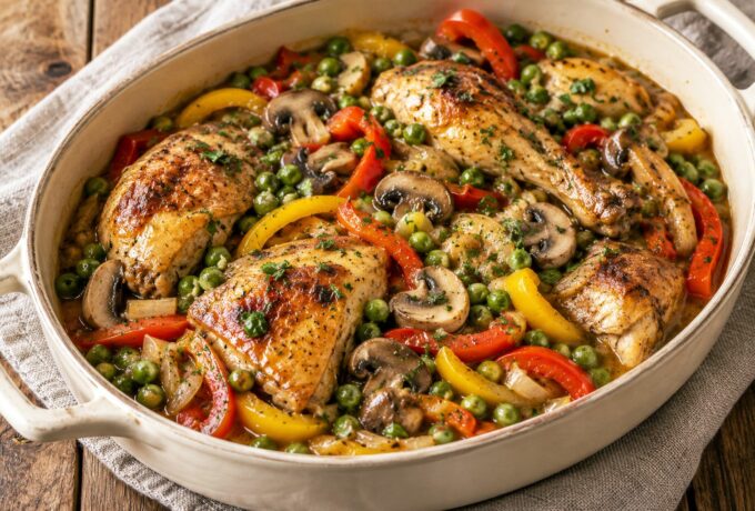 Pintade en cocotte aux poivrons et petits pois