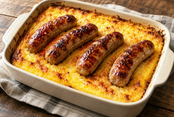 Polenta gratinée au parmesan et saucisses grillées