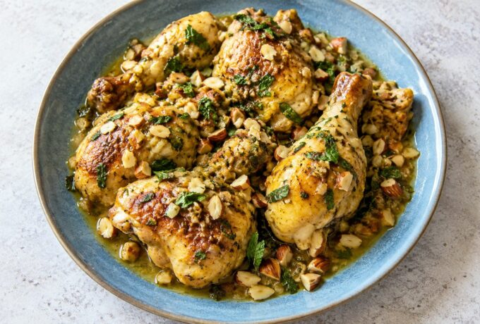 Poulet mariné au citron vert, menthe et amandes