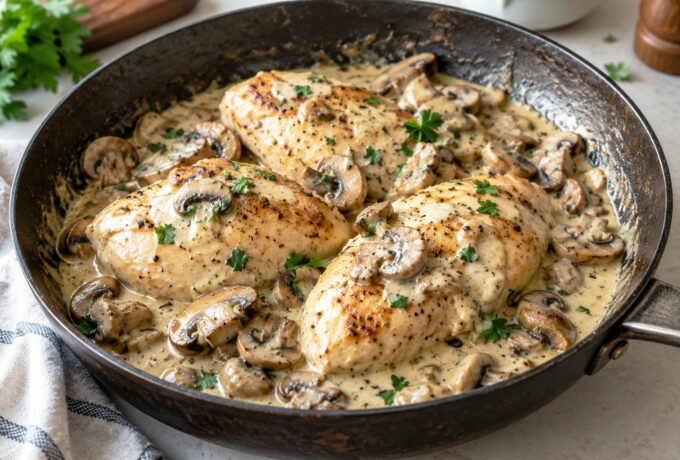 Blancs de poulet aux champignons, crème et moutarde