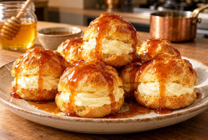 Profiteroles à la crème de miel et sauce caramel