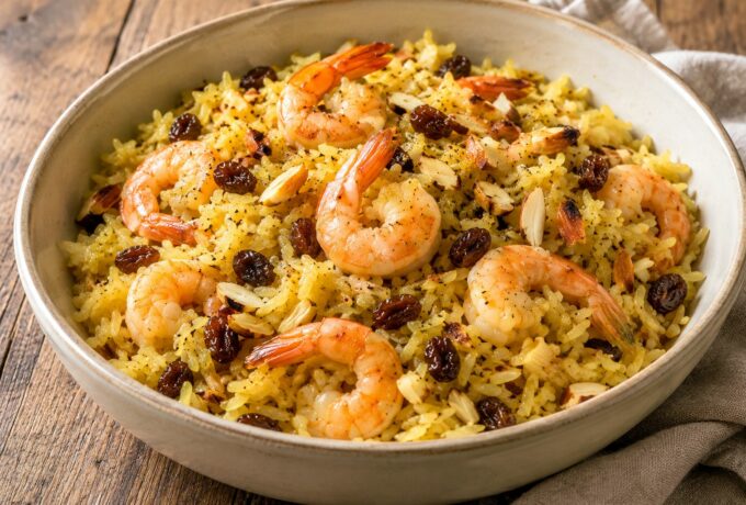 Riz au curry, crevettes, raisins et amandes