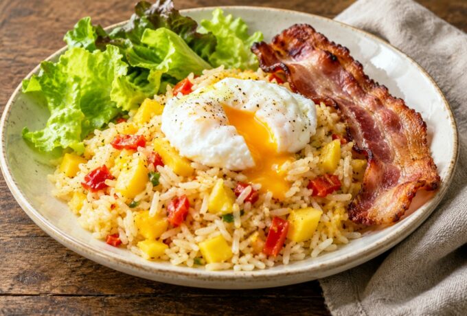 Riz au rougail de mangue, œuf poché et lard