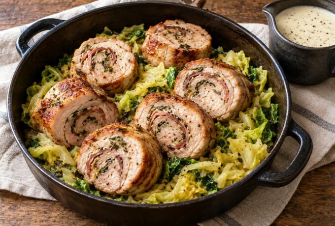 Roulades de porc aux herbes et crème d’ail