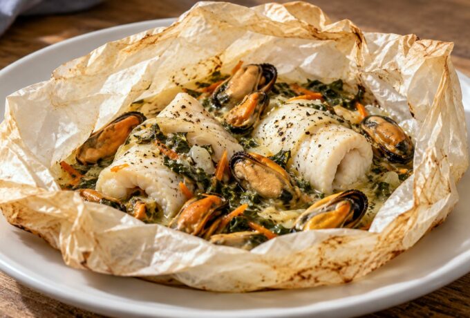 Sole en papillote à l’oseille et aux moules
