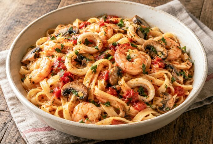 Tagliatelles aux fruits de mer, tomate et champignons