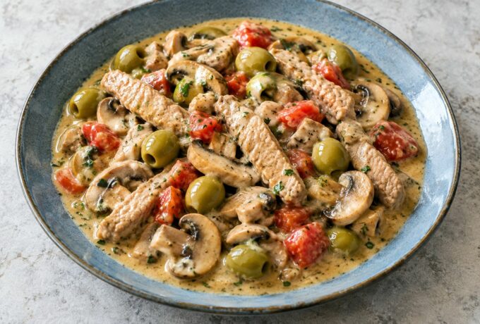 Émincé de veau aux olives, tomates et champignons