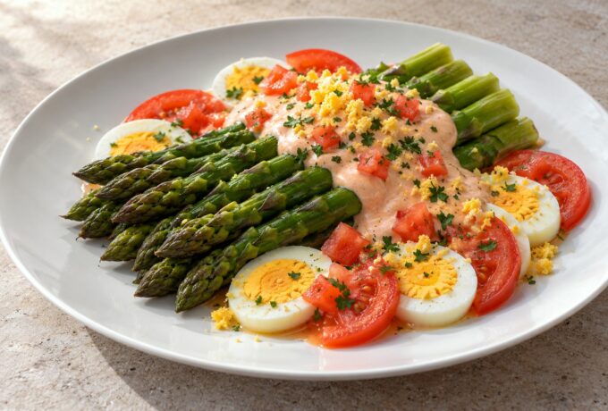Asperges vertes, sauce rose au fromage blanc