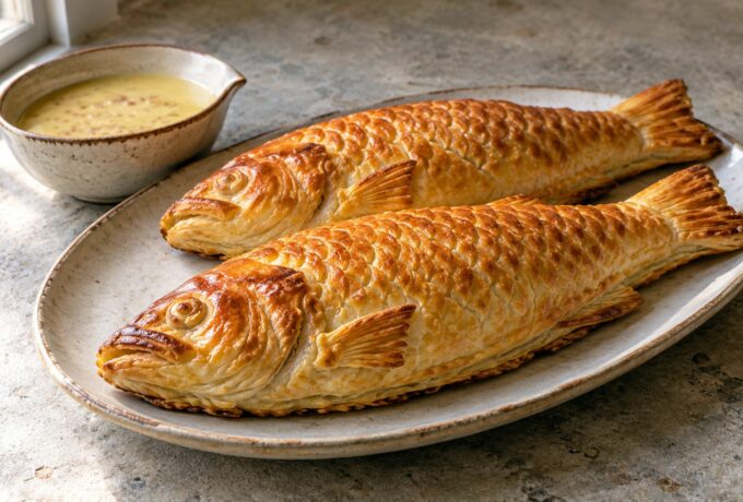 Bar en croûte feuilletée, mousseline de sole