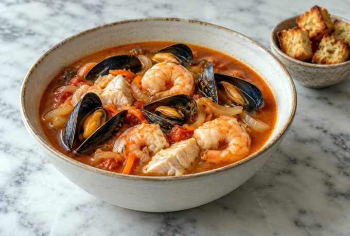 Bouillon de dorade, moules et crevettes au paprika