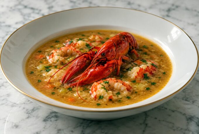 Bouillon d’écrevisses au vin blanc et aux légumes