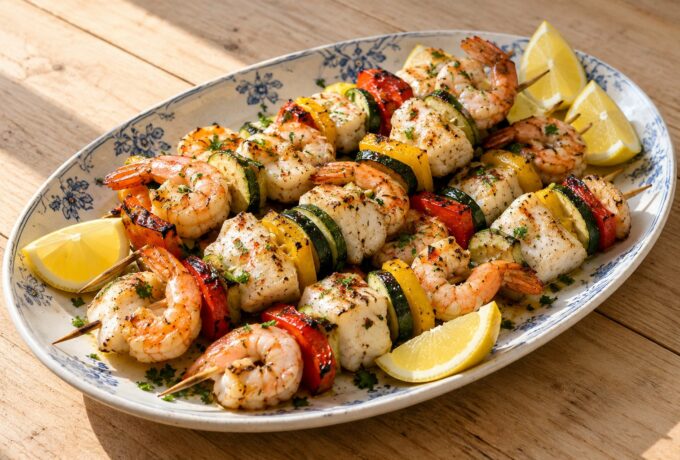 Brochettes de lotte et crevettes au citron