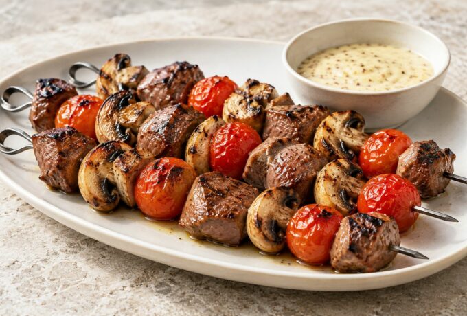 Brochettes de rognons de veau, sauce moutarde