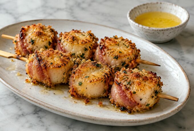 Brochettes de Saint-Jacques panées au lard