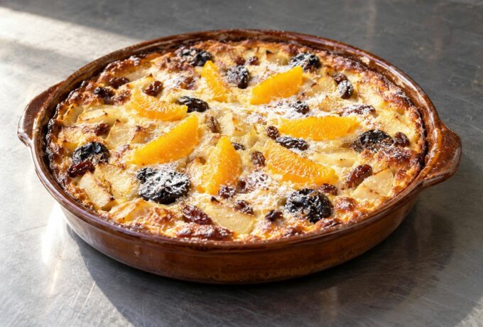 Clafoutis aux pommes, poires et fruits secs