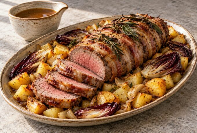 Contre-filet de bœuf rôti au lard et aux herbes