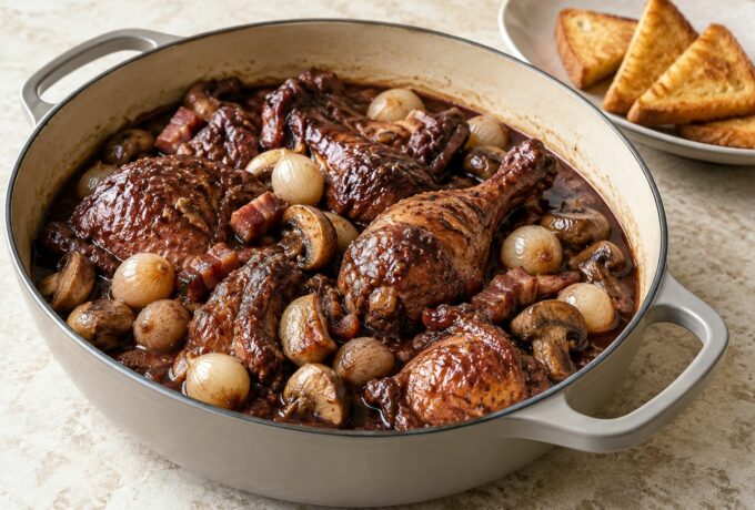Coq au vin rouge en cocotte