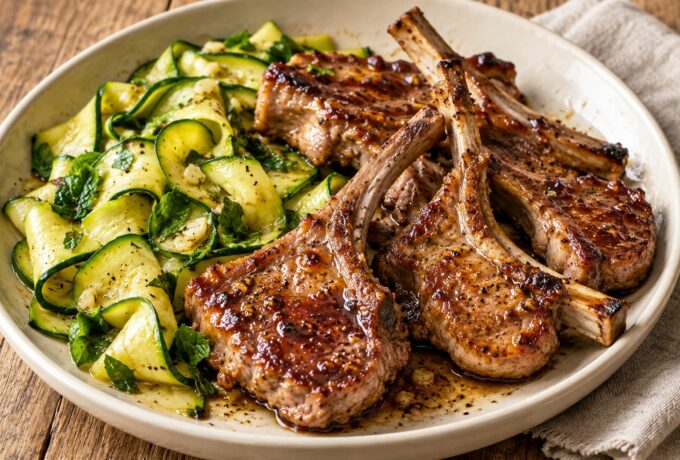 Côtes d’agneau au miel, soja et courgettes