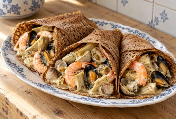 Crêpes de sarrasin aux fruits de mer et artichauts