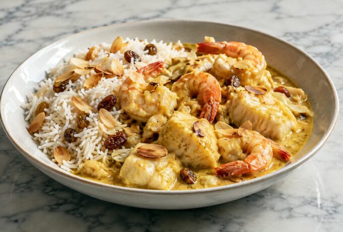 Curry de poisson et crevettes au riz basmati