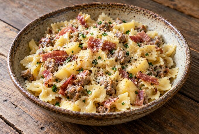 Farfalle aux pommes, saucisse et jambon cru