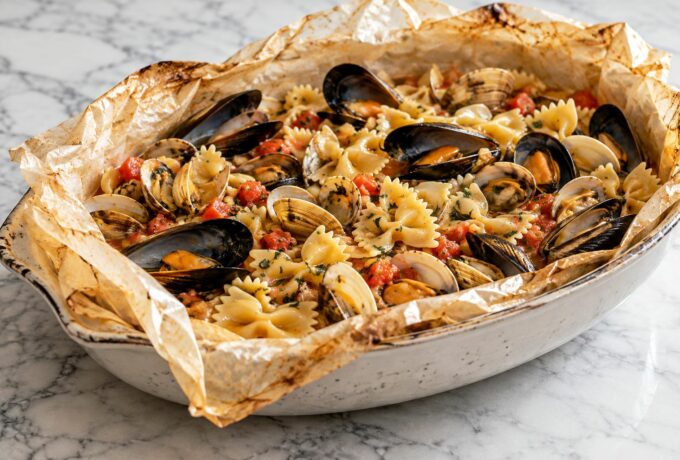 Farfalles aux coquillages en papillote