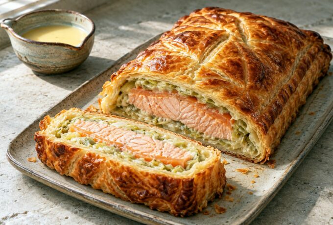 Feuilleté de saumon aux poireaux et saumon fumé