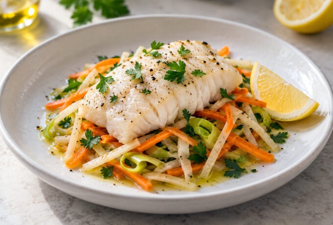 Filets de poisson aux petits légumes et au citron