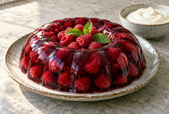 Framboises en gelée de cassis et crème légère