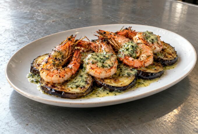 Gambas sur aubergines dorées, sauce aux herbes