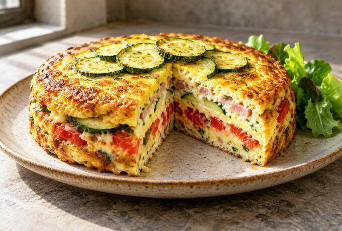 Gâteau d’omelettes aux légumes et au jambon