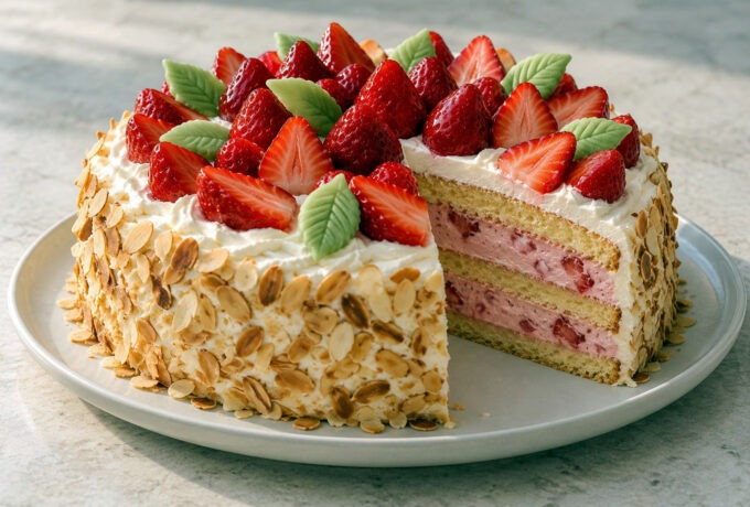 Génoise aux fraises, chantilly et amandes