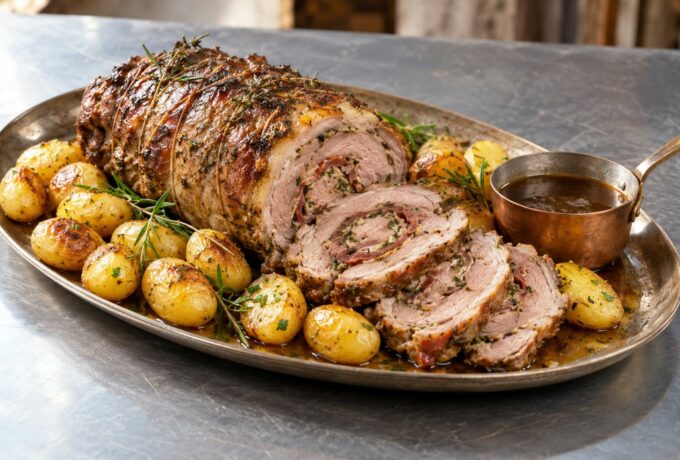 Gigot d’agneau roulé aux herbes et pommes rissolées