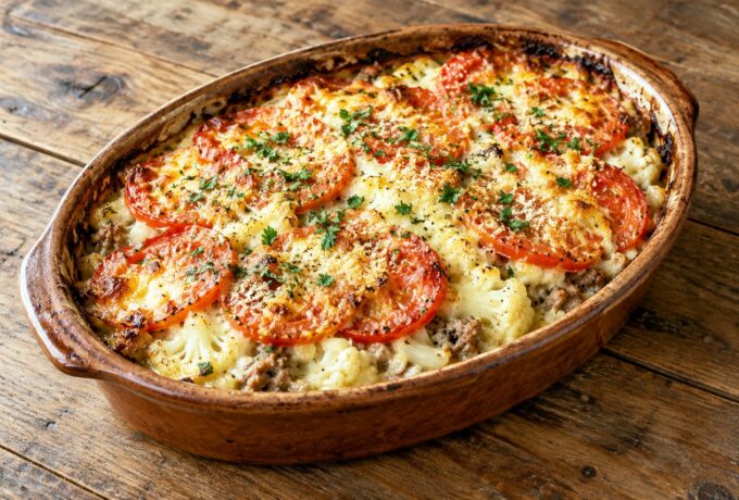 Gratin de chou-fleur au poulet et au veau