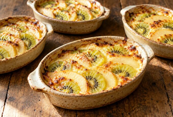 Gratin de kiwis et de poires aux amandes