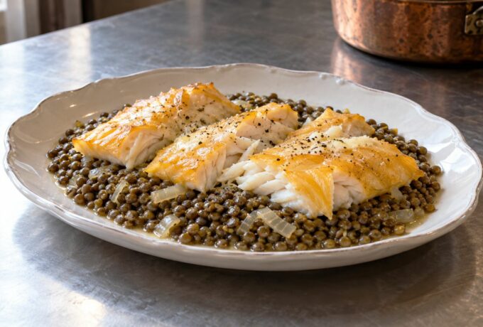 Haddock poché et lentilles vertes