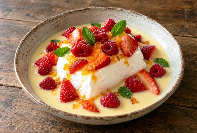 Île flottante aux fraises et aux framboises
